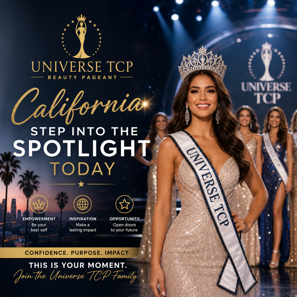 Beauty pageant contestant wearing crown and sash at Universe TCP Beauty Pageant California event promoting empowerment.