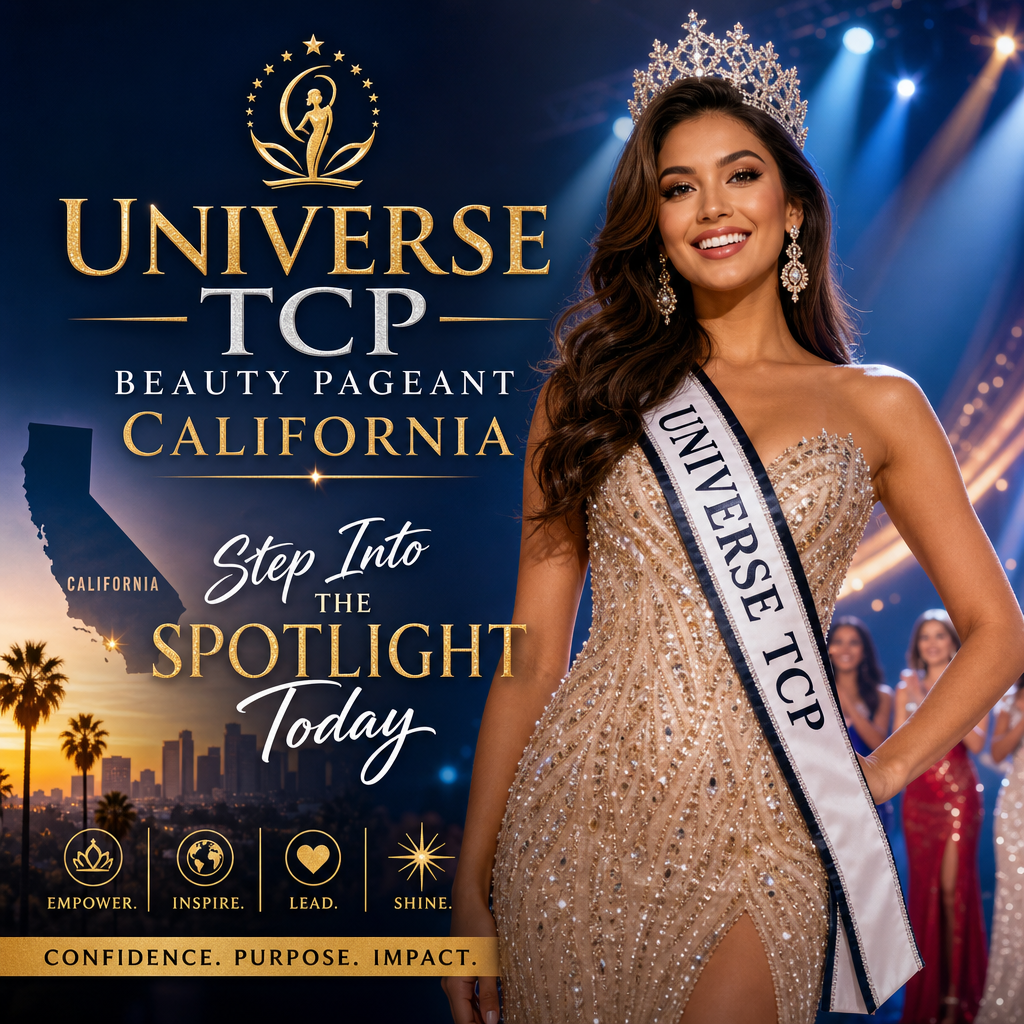 Miss Universe TCP California winner posing confidently in a sparkling gown and crown, symbolizing beauty and empowerment.