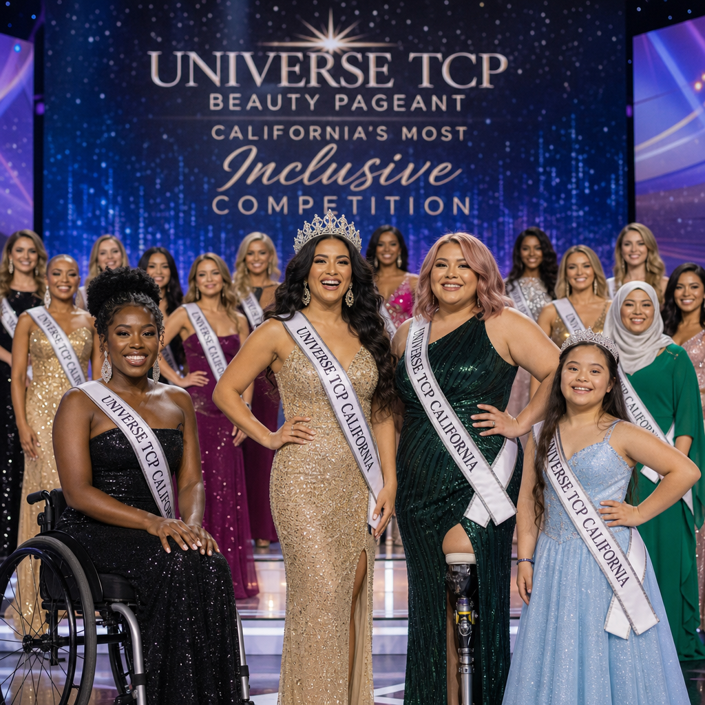 Diverse contestants pose confidently on stage at the Universe TCP Beauty Pageant, celebrating inclusivity and diversity in Ca