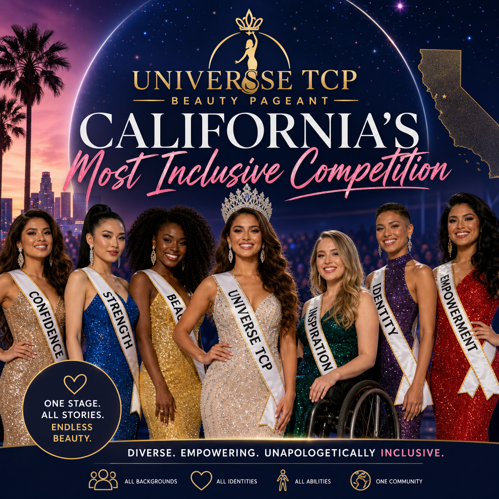 Diverse beauty queens smiling and posing together at the inclusive Universe TCP Beauty Pageant in California.