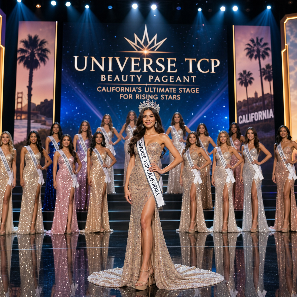 Contestants in elegant gowns compete on stage at the Universe TCP Beauty Pageant in California.