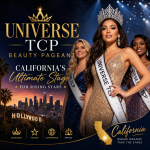 Diverse beauty queens crowned on stage at Universe TCP Beauty Pageant with the Hollywood skyline in the background.
