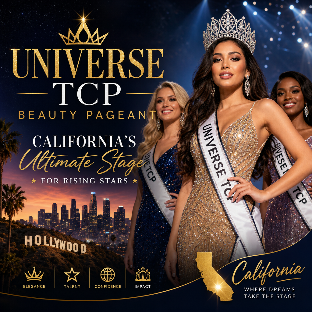 Diverse beauty queens crowned on stage at Universe TCP Beauty Pageant with the Hollywood skyline in the background.