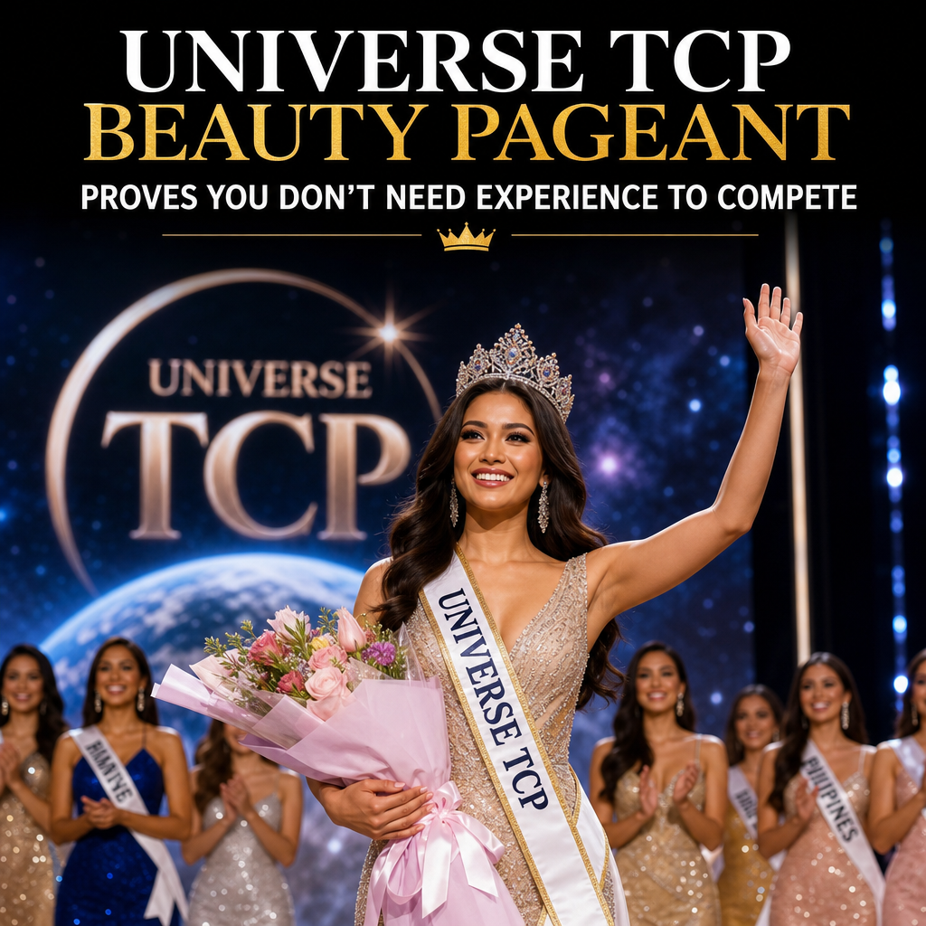Winner of the Universe TCP Beauty Pageant crowned on stage wearing sash and holding bouquet, celebrating victory.
