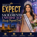 Contestants in elegant evening gowns and tiaras smiling on stage at the Sacramento Universe TCP Beauty Pageant event.