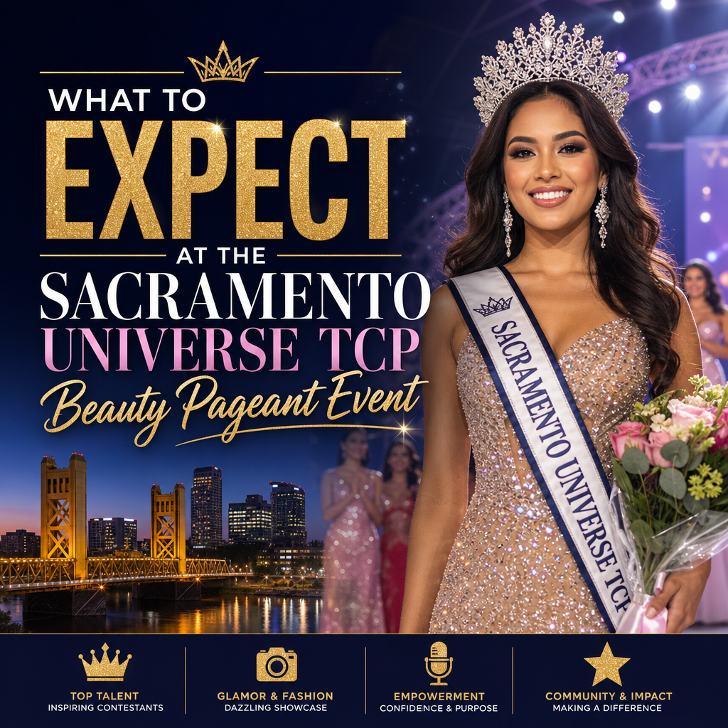 Contestants in elegant evening gowns and tiaras smiling on stage at the Sacramento Universe TCP Beauty Pageant event.
