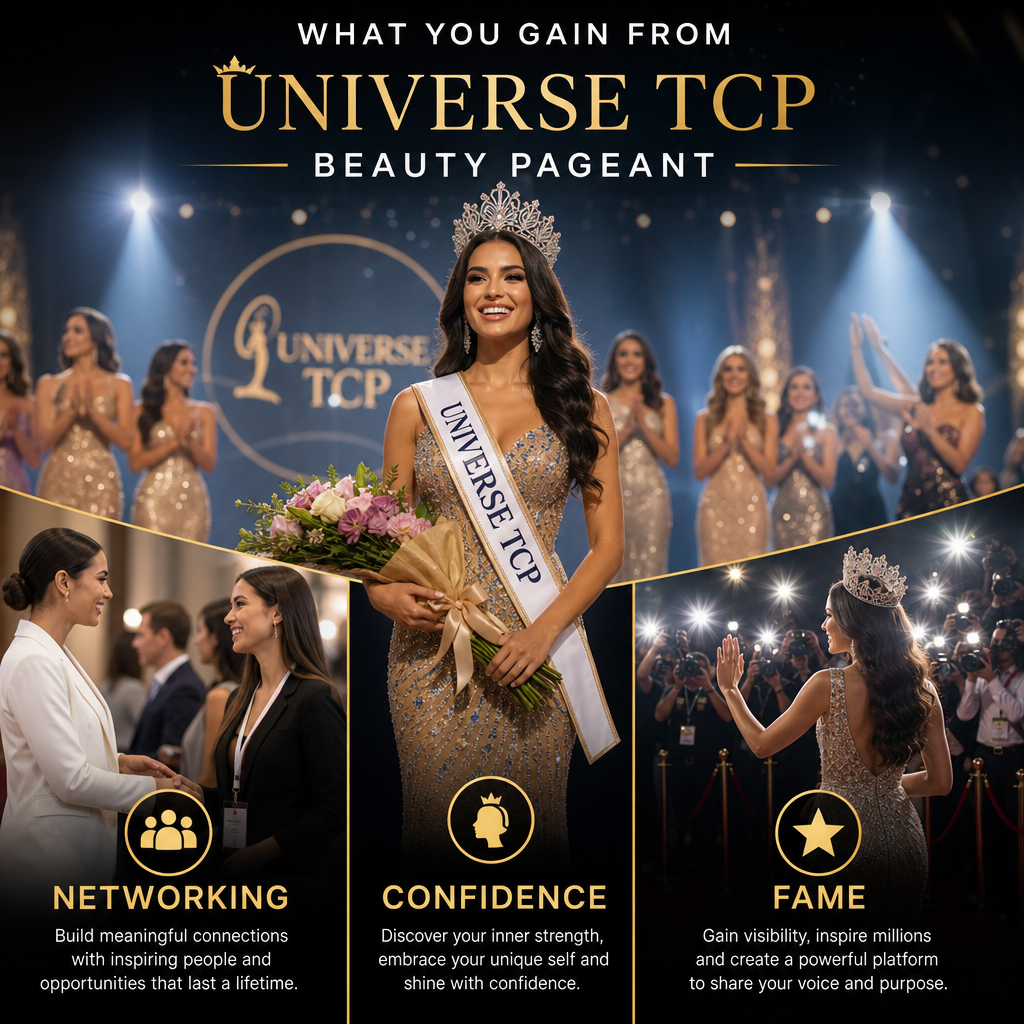 Winner of Universe TCP Beauty Pageant wearing crown, holding flowers, with words networking, confidence, and fame highlighted
