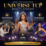 Diverse beauty pageant contestants smiling and interacting, symbolizing networking, confidence, and fame at Universe TCP Beau