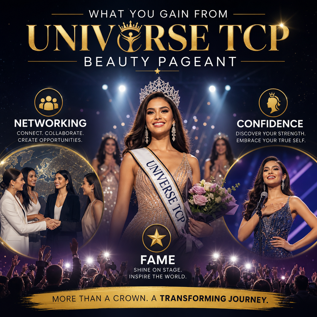 Diverse beauty pageant contestants smiling and interacting, symbolizing networking, confidence, and fame at Universe TCP Beau