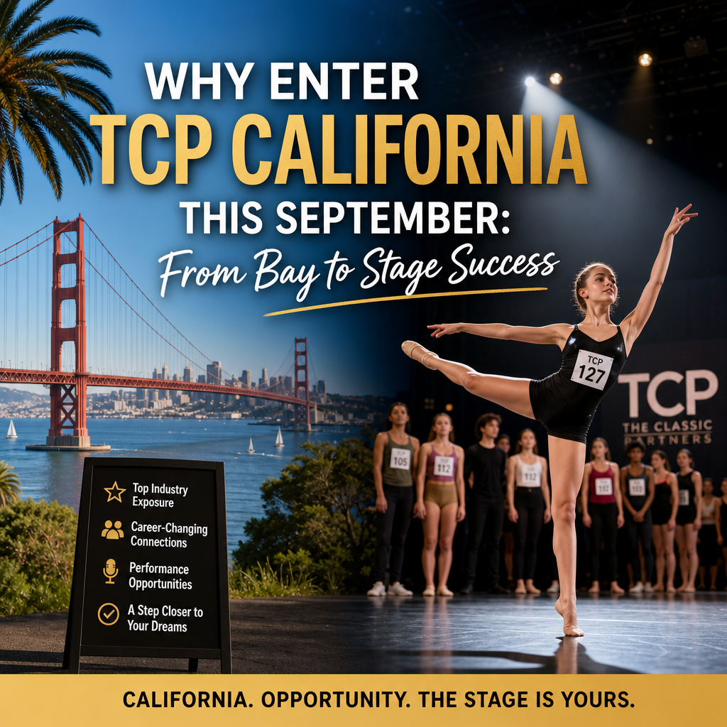 Dancer performing on stage with vibrant lights, promoting TCP California event this September for career growth.