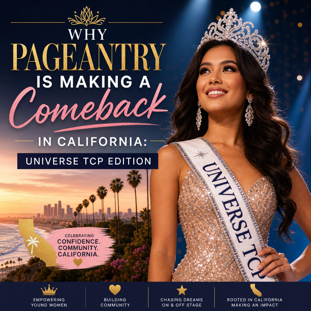 Miss Universe TCP winner in a sparkling gown and crown celebrates the comeback of California beauty pageants.