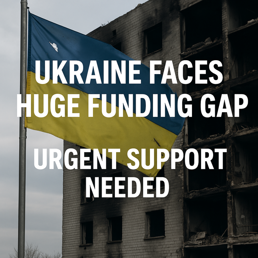 Generate a high-quality, relevant image prompt for an article about: Ukraine Faces Huge Funding Gap