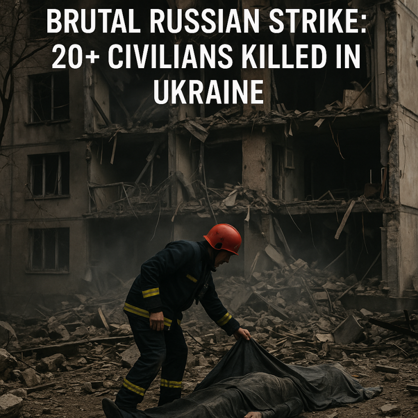 Generate a high-quality, relevant image prompt for an article about: Brutal Russian Strike: 20+ Civi