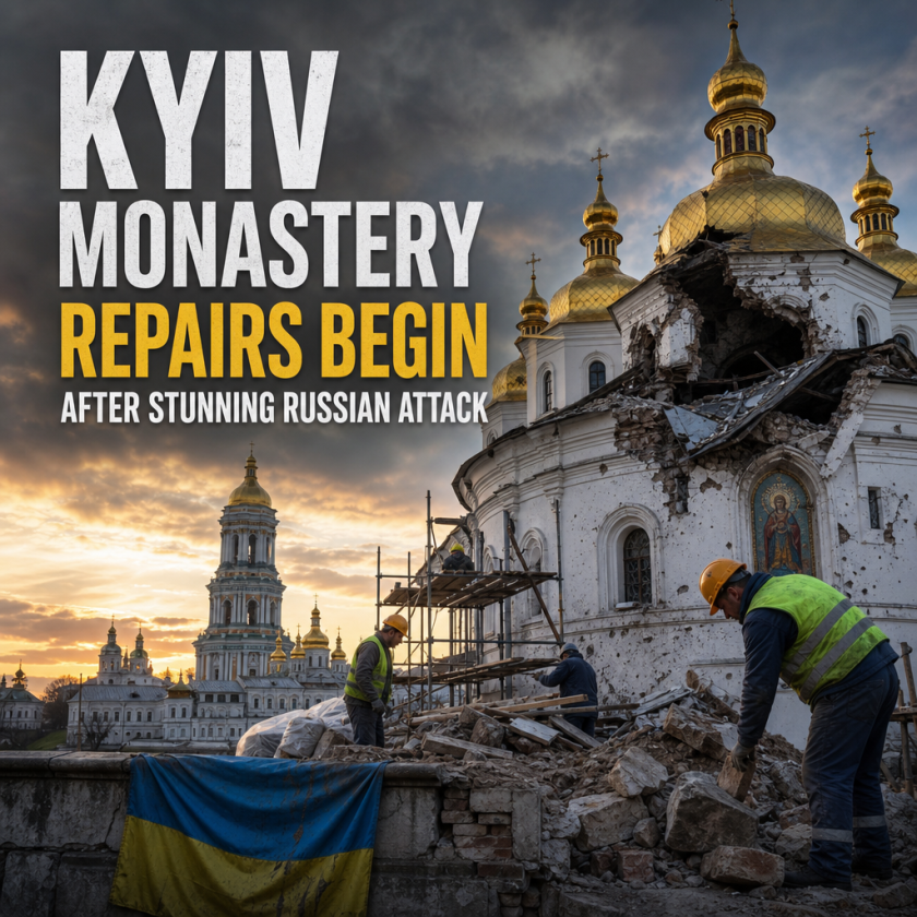 Illustration of Kyiv Monastery Repairs Begin After Stunning Russian Attack