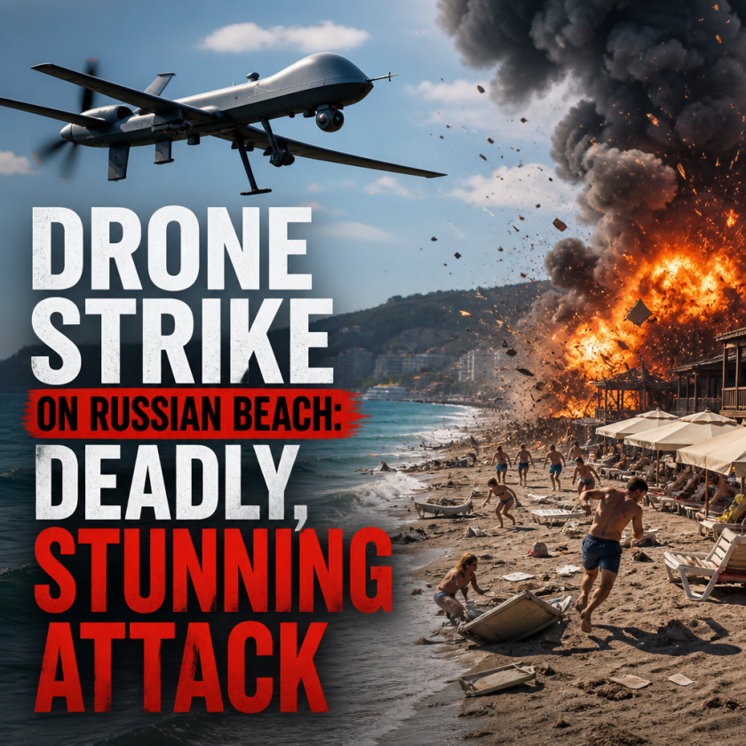 Illustration of Drone Strike on Russian Beach: Deadly, Stunning Attack