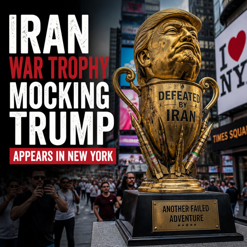 Illustration of Iran War Trophy Mocking Trump Appears in New York